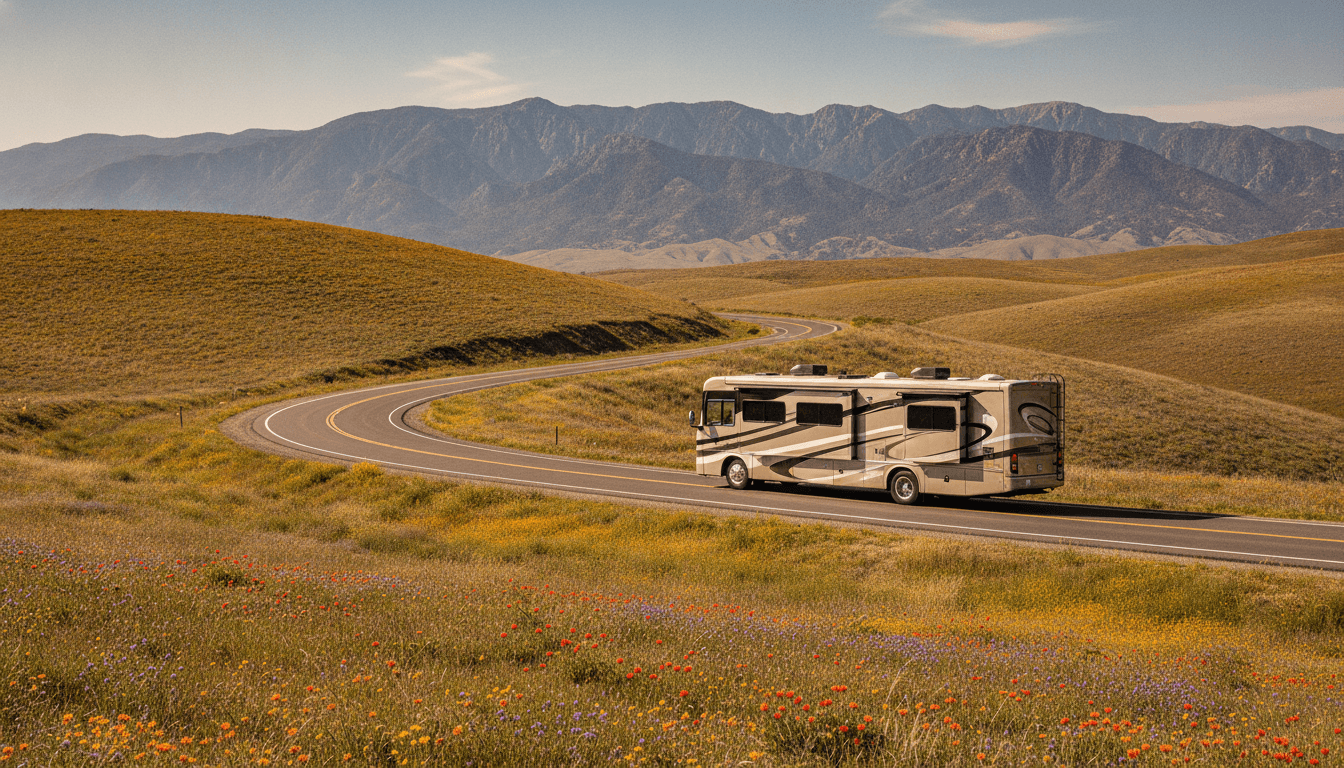 A motorhome traveling through the dry golden hills and distant mountains of California near Lee Vining, California in peak season