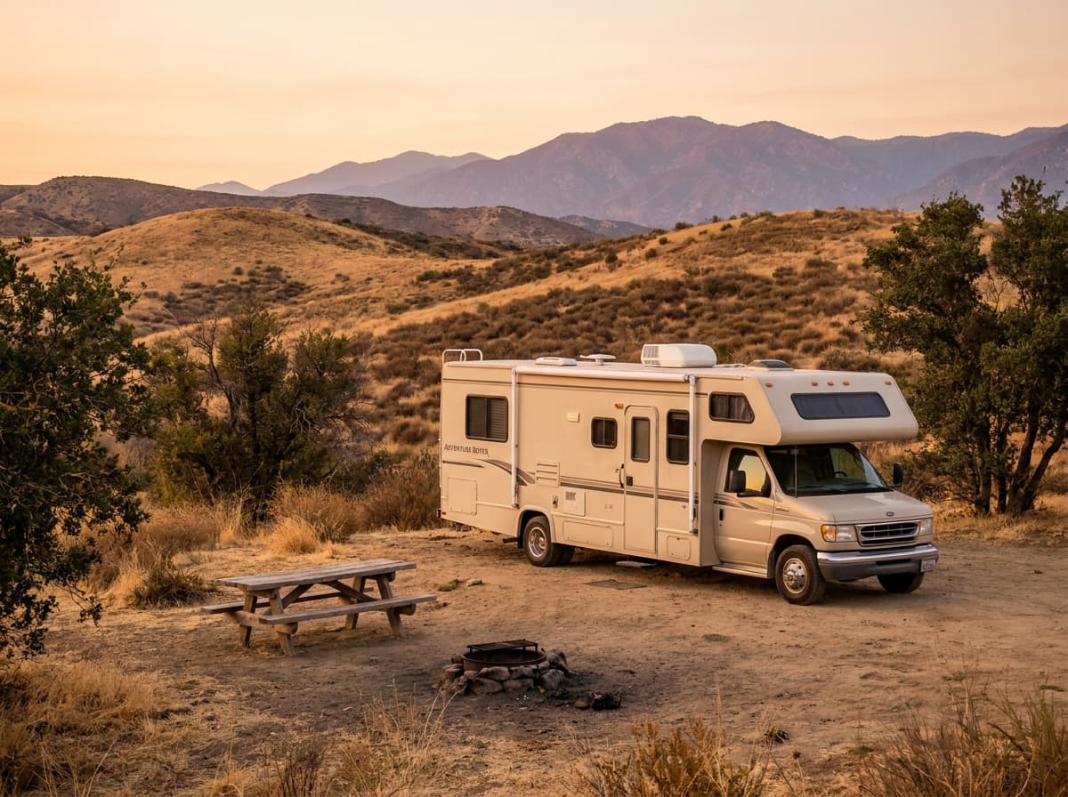 A Class C RV at a campground near Long Beach, California in the dry golden hills and distant mountains of California