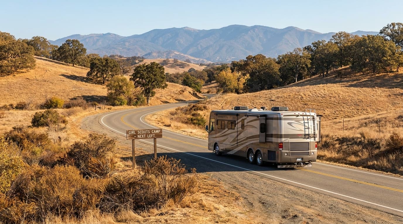 A motorhome traveling through the dry golden hills and distant mountains of California near Long Beach, California in peak season