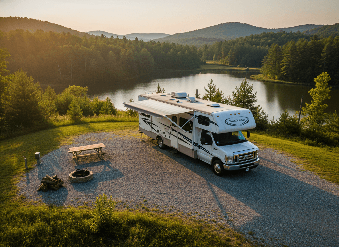 A Class C RV at a campground near Maggie Valley, North Carolina in the rolling pine woods and lakes of the North Carolina Piedmont