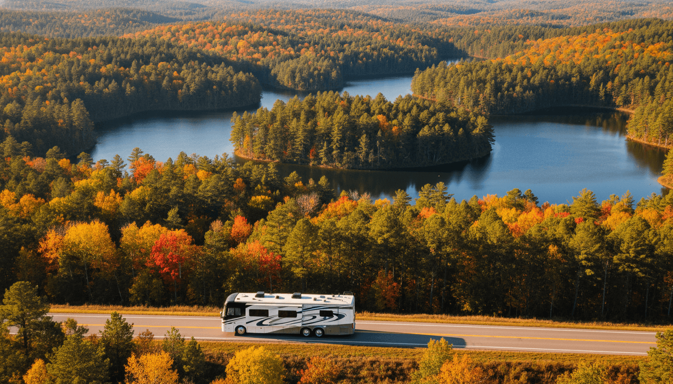 A motorhome traveling through the rolling pine woods and lakes of the North Carolina Piedmont near Maggie Valley, North Carolina in peak season