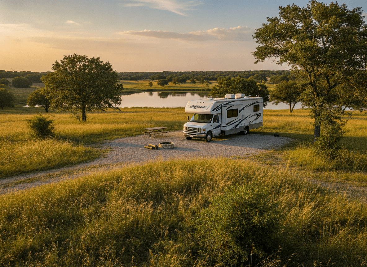 A Class C RV at a campground near Marble Falls, Texas in the rolling prairie, oak groves and lakes of Texas