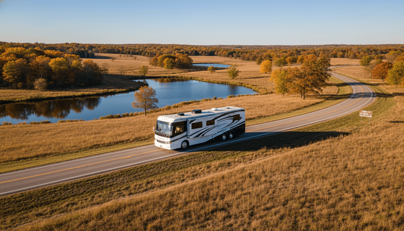 A motorhome traveling through the rolling prairie, oak groves and lakes of Texas near Marble Falls, Texas in peak season
