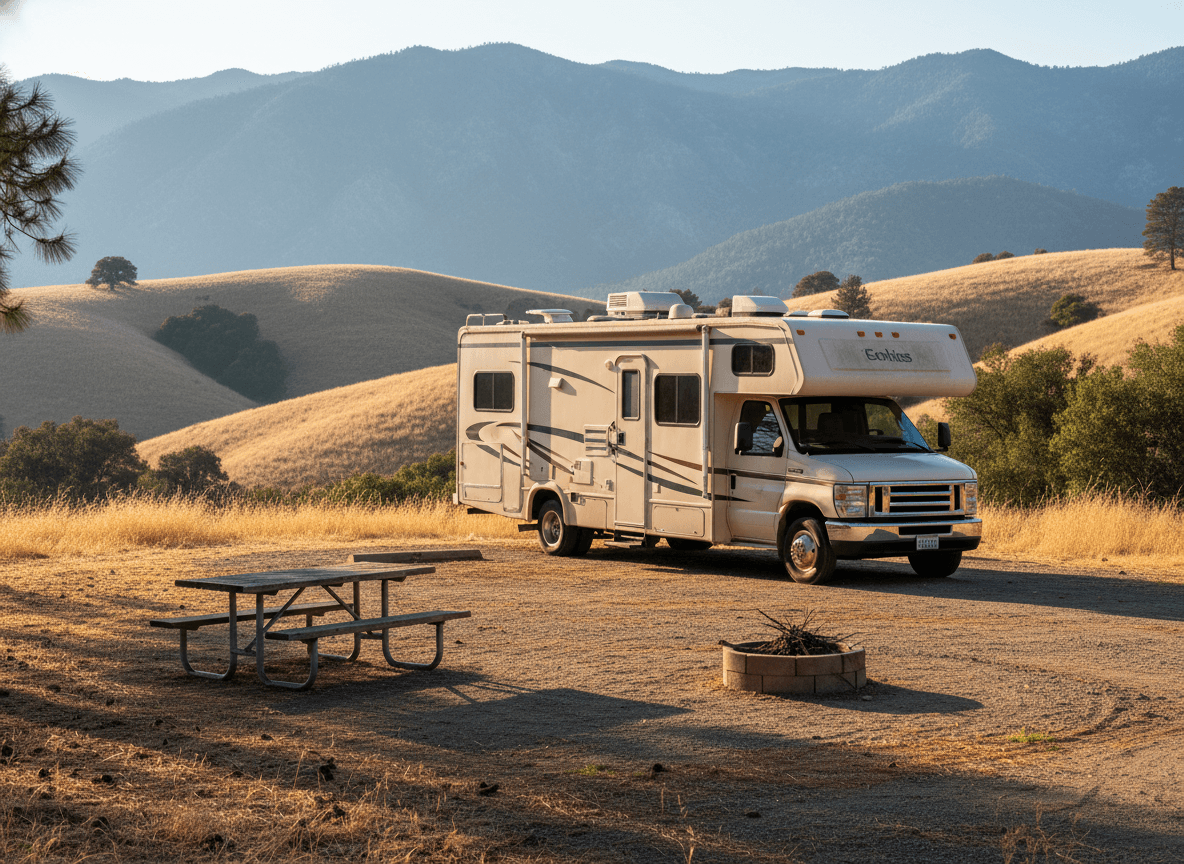 A Class C RV at a campground near Mariposa, California in the dry golden hills and distant mountains of California