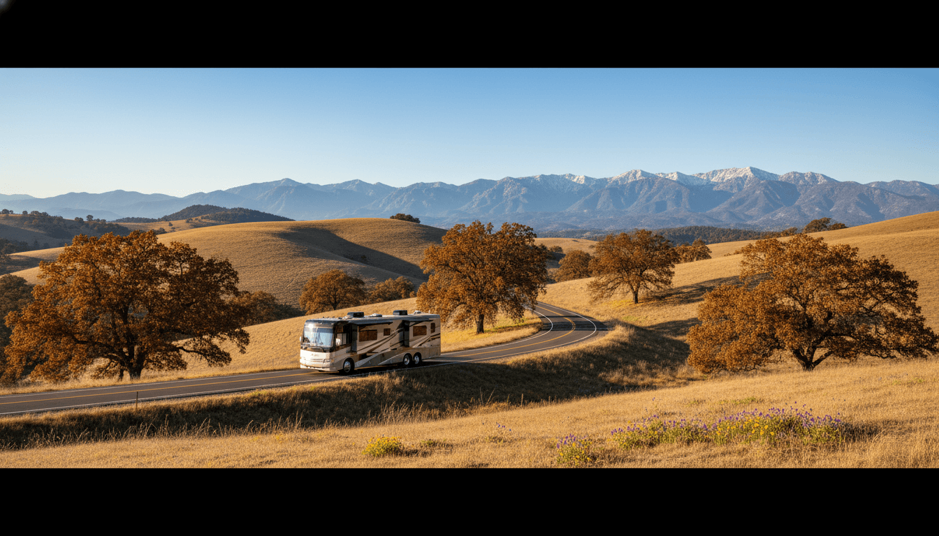 A motorhome traveling through the dry golden hills and distant mountains of California near Mariposa, California in peak season