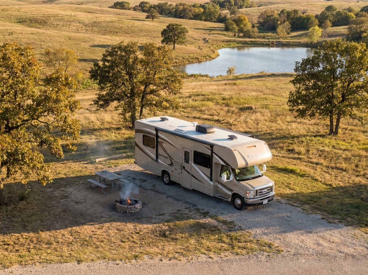 A Class C RV at a campground near McKinney, Texas in the rolling prairie, oak groves and lakes of Texas
