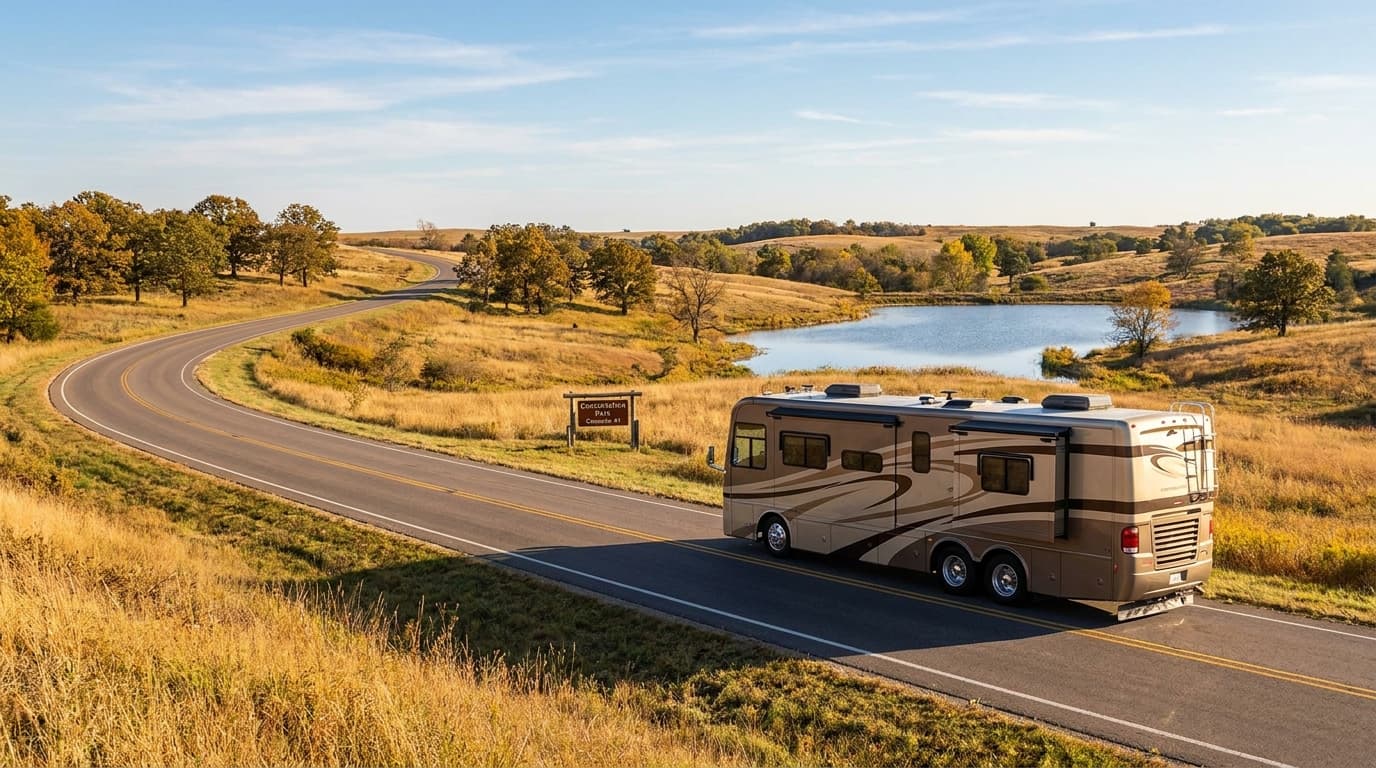 A motorhome traveling through the rolling prairie, oak groves and lakes of Texas near McKinney, Texas in peak season