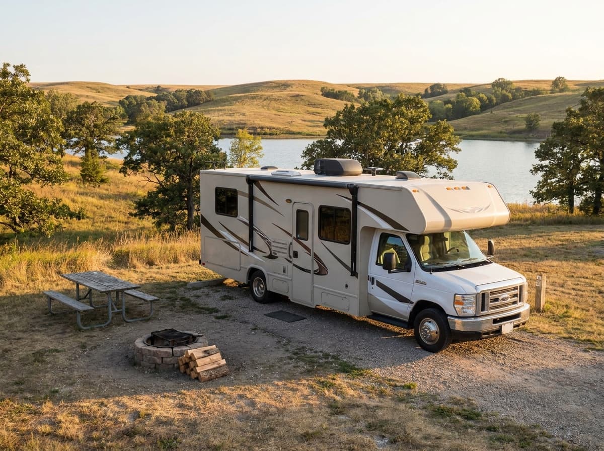 A Class C RV at a campground near Mesquite, Texas in the rolling prairie, oak groves and lakes of Texas