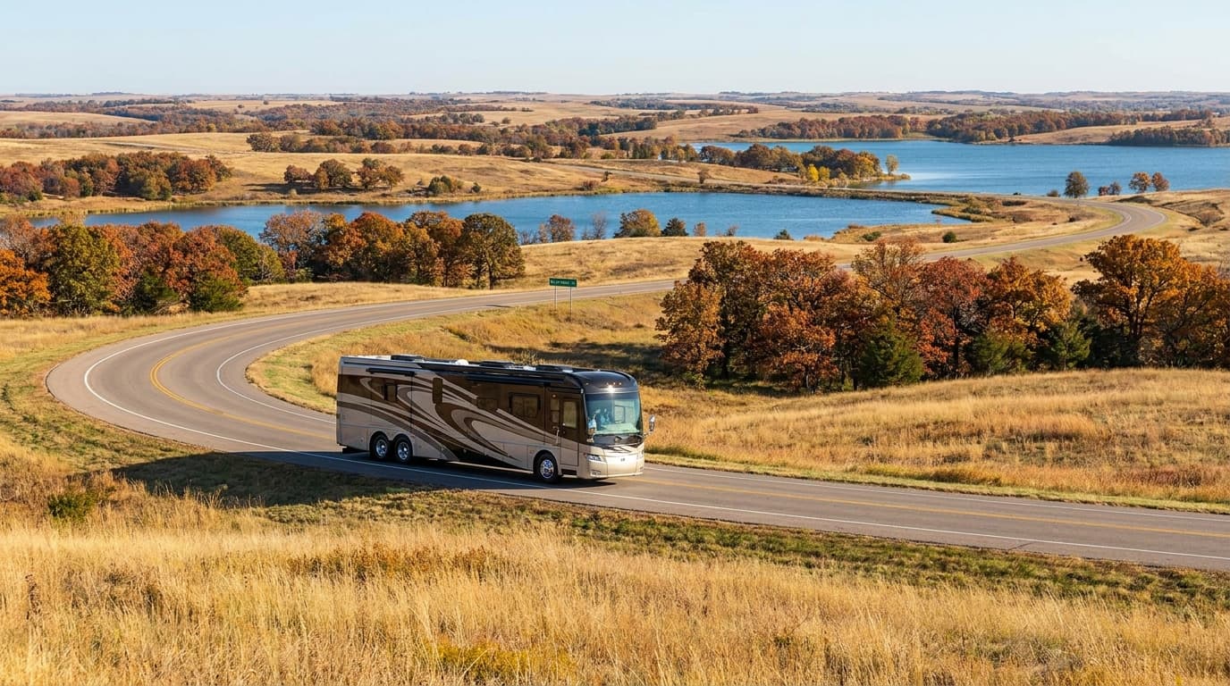 A motorhome traveling through the rolling prairie, oak groves and lakes of Texas near Mesquite, Texas in peak season