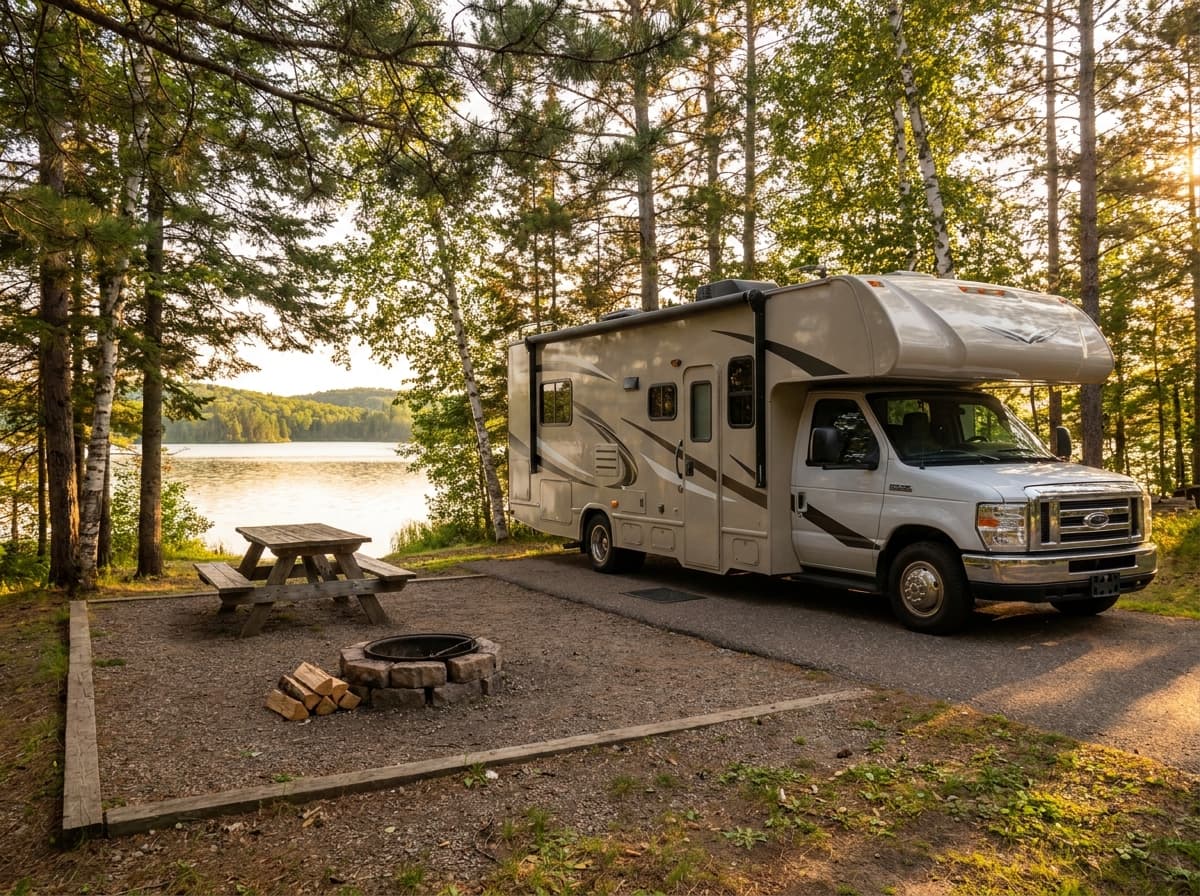 A Class C RV at a campground near Minneapolis, Minnesota in the northern lakes and woods of Minnesota