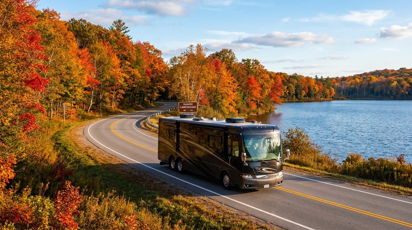 A motorhome traveling through the northern lakes and woods of Minnesota near Minneapolis, Minnesota in peak season
