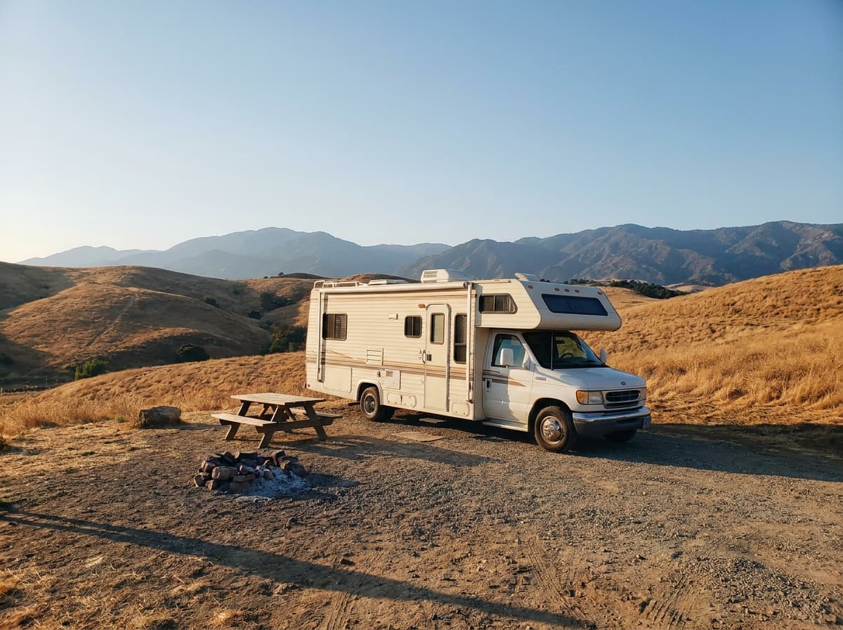 A Class C RV at a campground near Moreno Valley, California in the dry golden hills and distant mountains of California