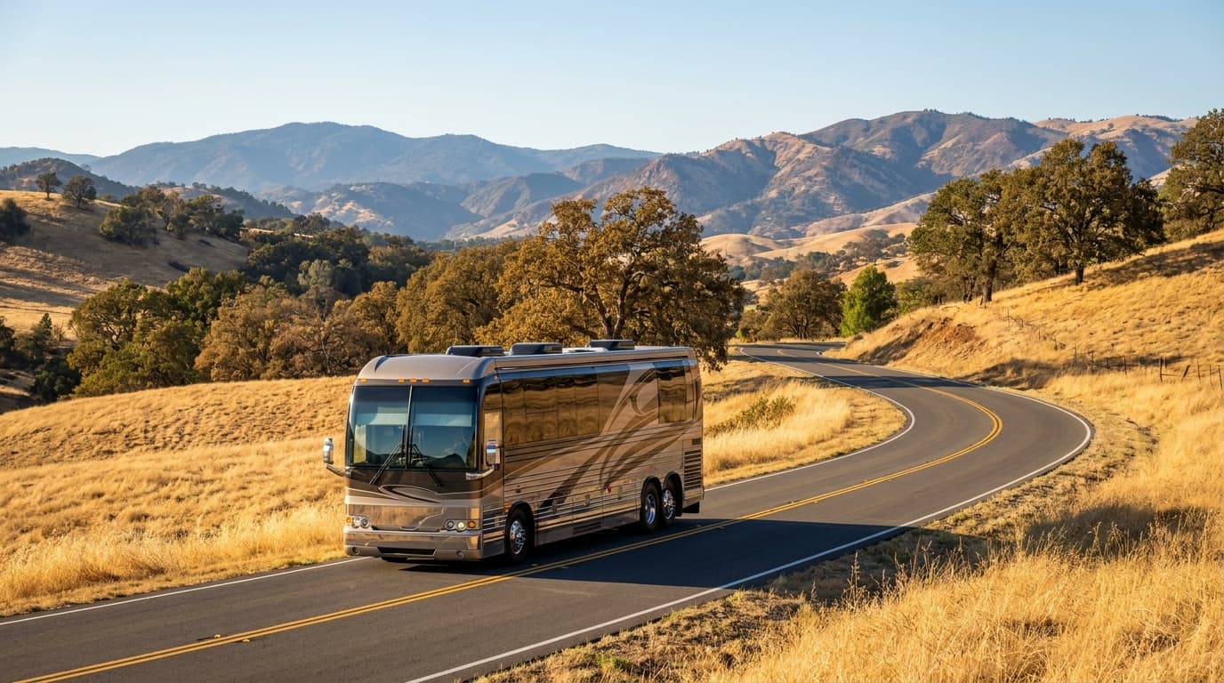 A motorhome traveling through the dry golden hills and distant mountains of California near Moreno Valley, California in peak season
