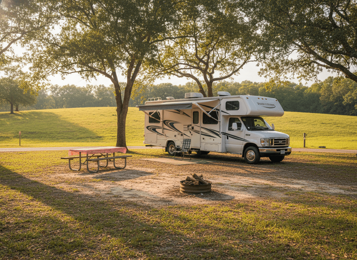 A Class C RV at a campground near Myrtle Beach, South Carolina in the countryside near Myrtle Beach