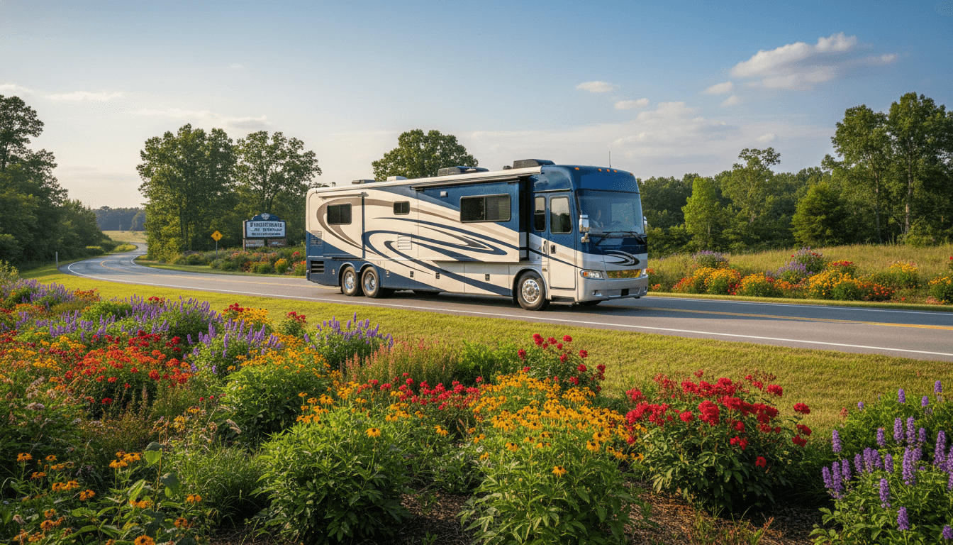 A motorhome traveling through the countryside near Myrtle Beach near Myrtle Beach, South Carolina in peak season