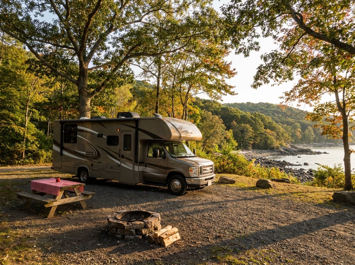 A Class C RV at a campground near New Haven, Connecticut in the wooded hills and shoreline of Connecticut