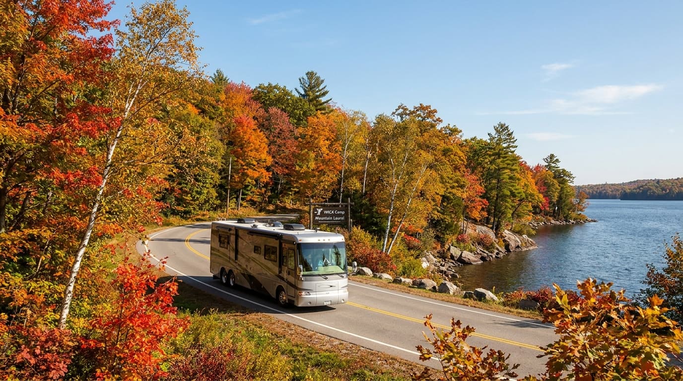 A motorhome traveling through the wooded hills and shoreline of Connecticut near New Haven, Connecticut in peak season