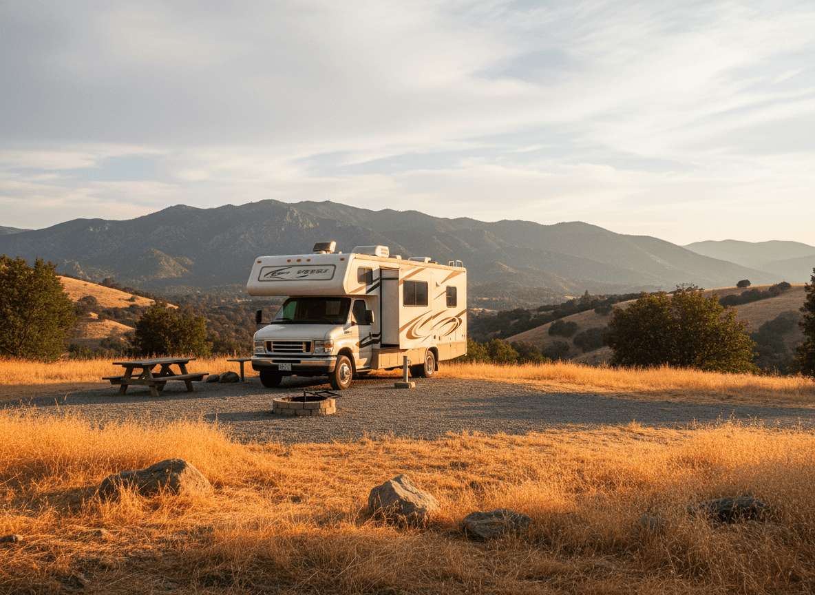 A Class C RV at a campground near Oakhurst, California in the dry golden hills and distant mountains of California
