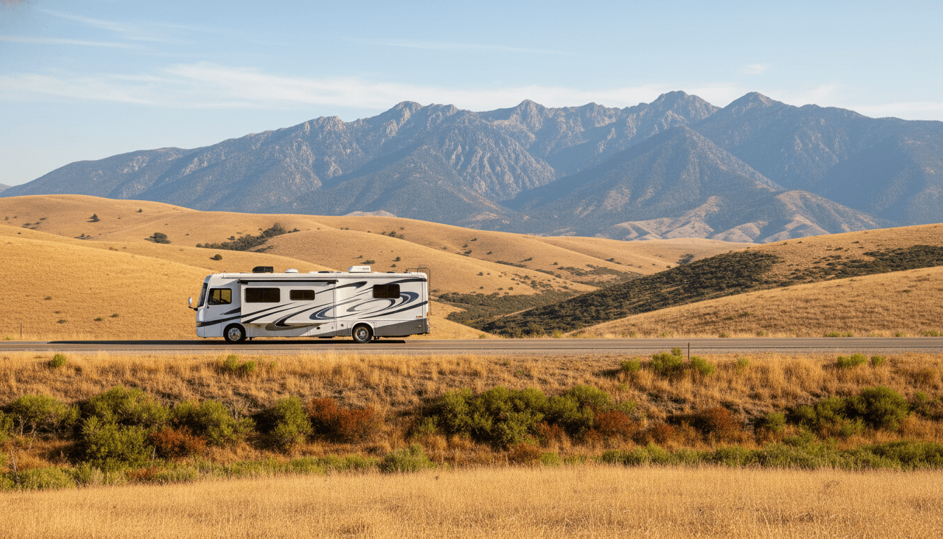 A motorhome traveling through the dry golden hills and distant mountains of California near Oakhurst, California in peak season