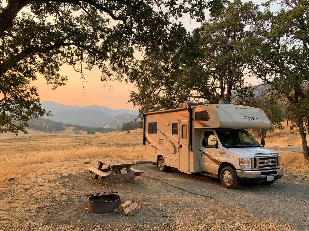 A Class C RV at a campground near Oakland, California in the dry golden hills and distant mountains of California