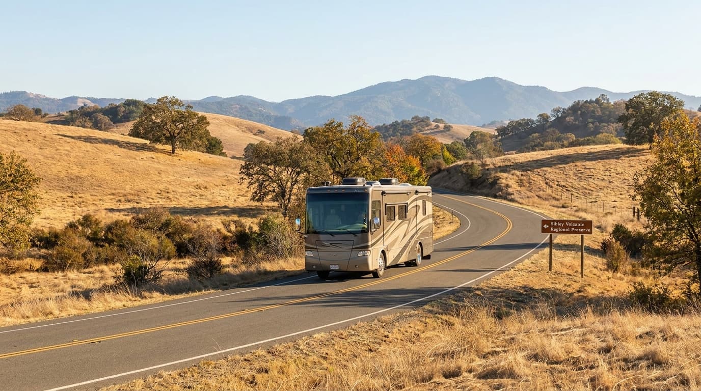 A motorhome traveling through the dry golden hills and distant mountains of California near Oakland, California in peak season