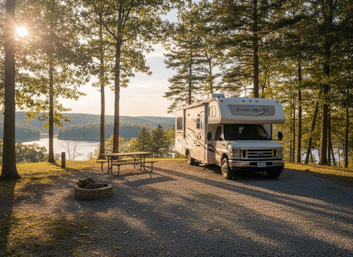 A Class C RV at a campground near Osage Beach, Missouri in the rolling wooded hills and lakes of Missouri