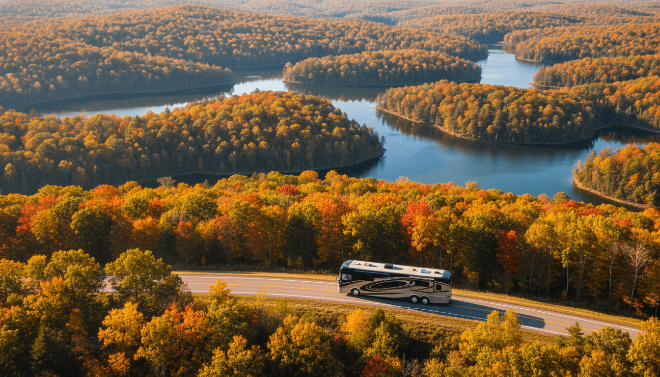 A motorhome traveling through the rolling wooded hills and lakes of Missouri near Osage Beach, Missouri in peak season