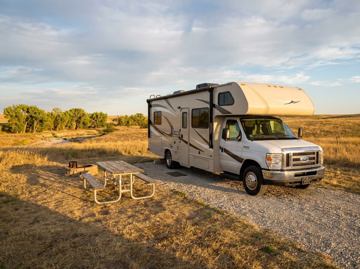 A Class C RV at a campground near Overland Park, Kansas in the open prairie and rolling plains of Kansas