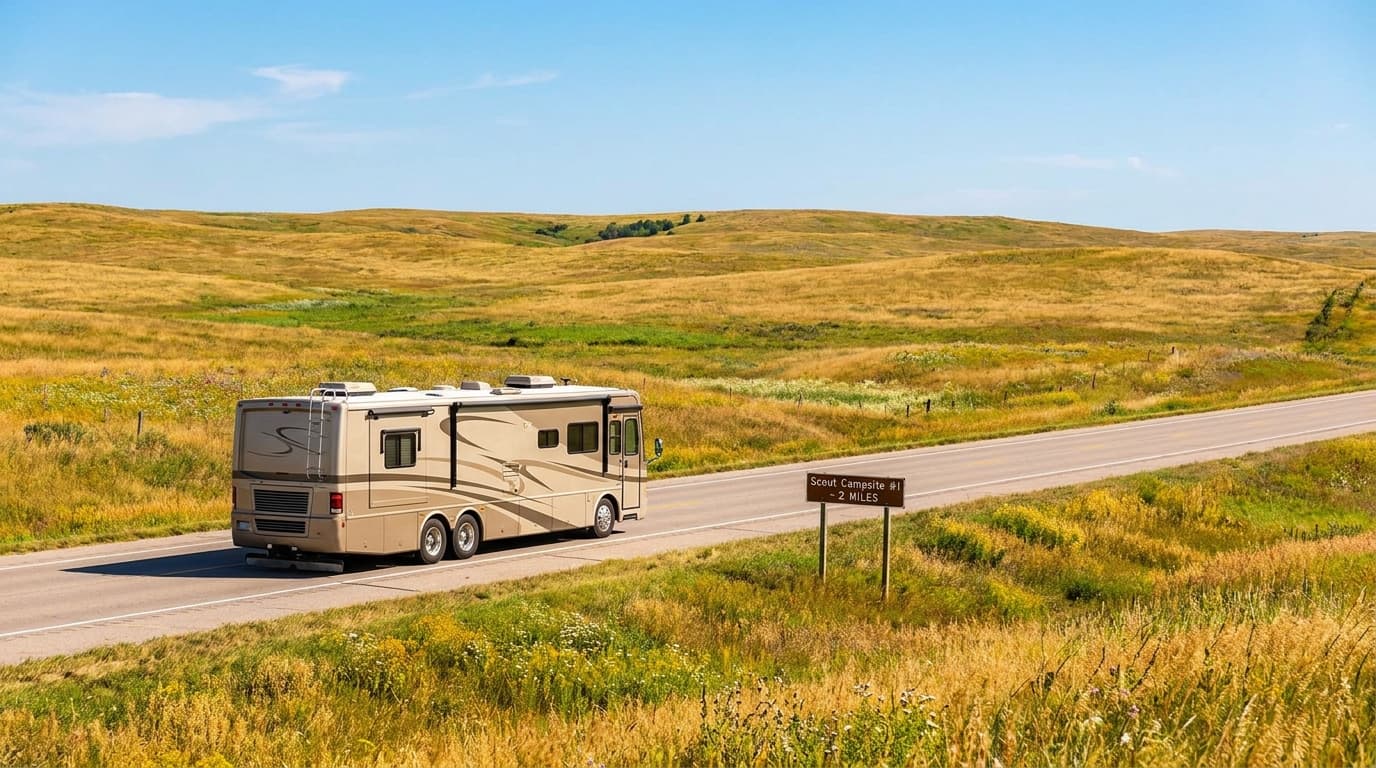 A motorhome traveling through the open prairie and rolling plains of Kansas near Overland Park, Kansas in peak season