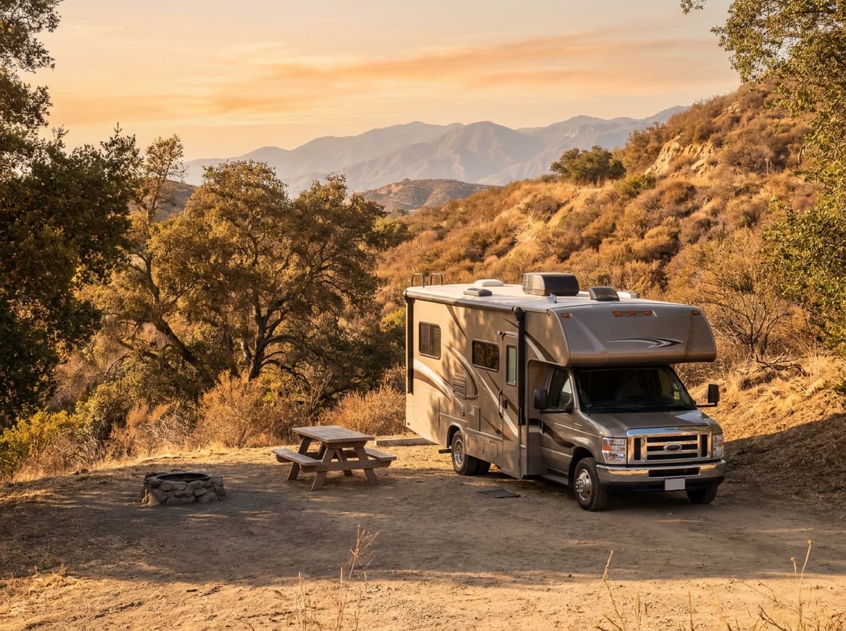A Class C RV at a campground near Oxnard, California in the dry golden hills and distant mountains of California
