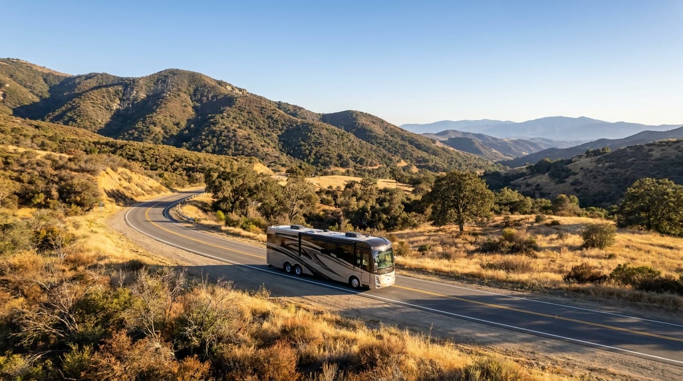 A motorhome traveling through the dry golden hills and distant mountains of California near Oxnard, California in peak season