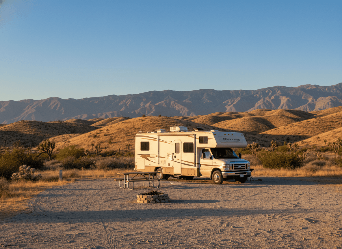 A Class C RV at a campground near Palm Springs, California in the dry golden hills and distant mountains of California