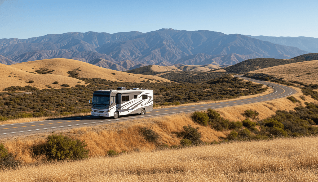 A motorhome traveling through the dry golden hills and distant mountains of California near Palm Springs, California in peak season