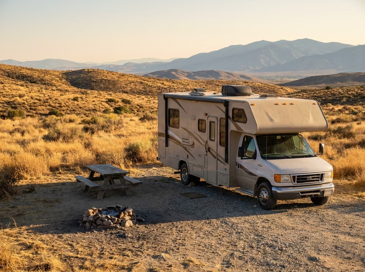 A Class C RV at a campground near Palmdale, California in the dry golden hills and distant mountains of California