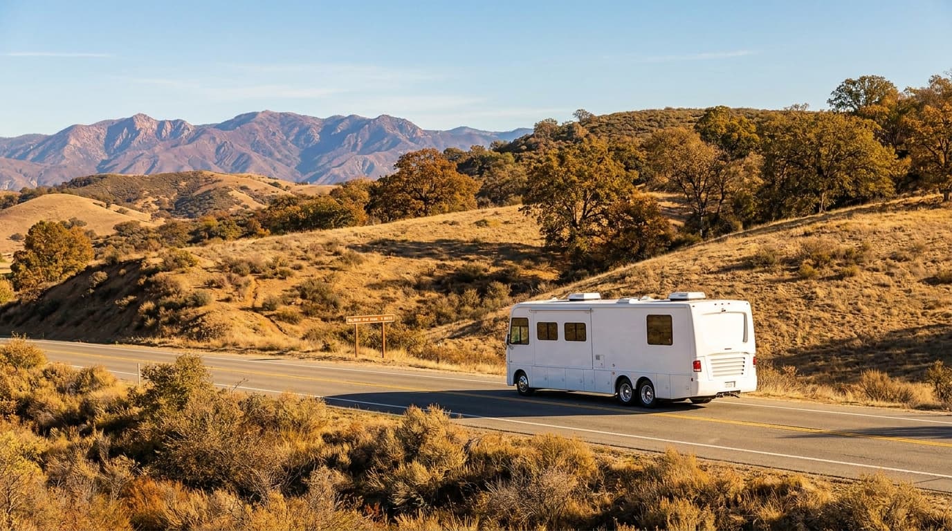 A motorhome traveling through the dry golden hills and distant mountains of California near Palmdale, California in peak season