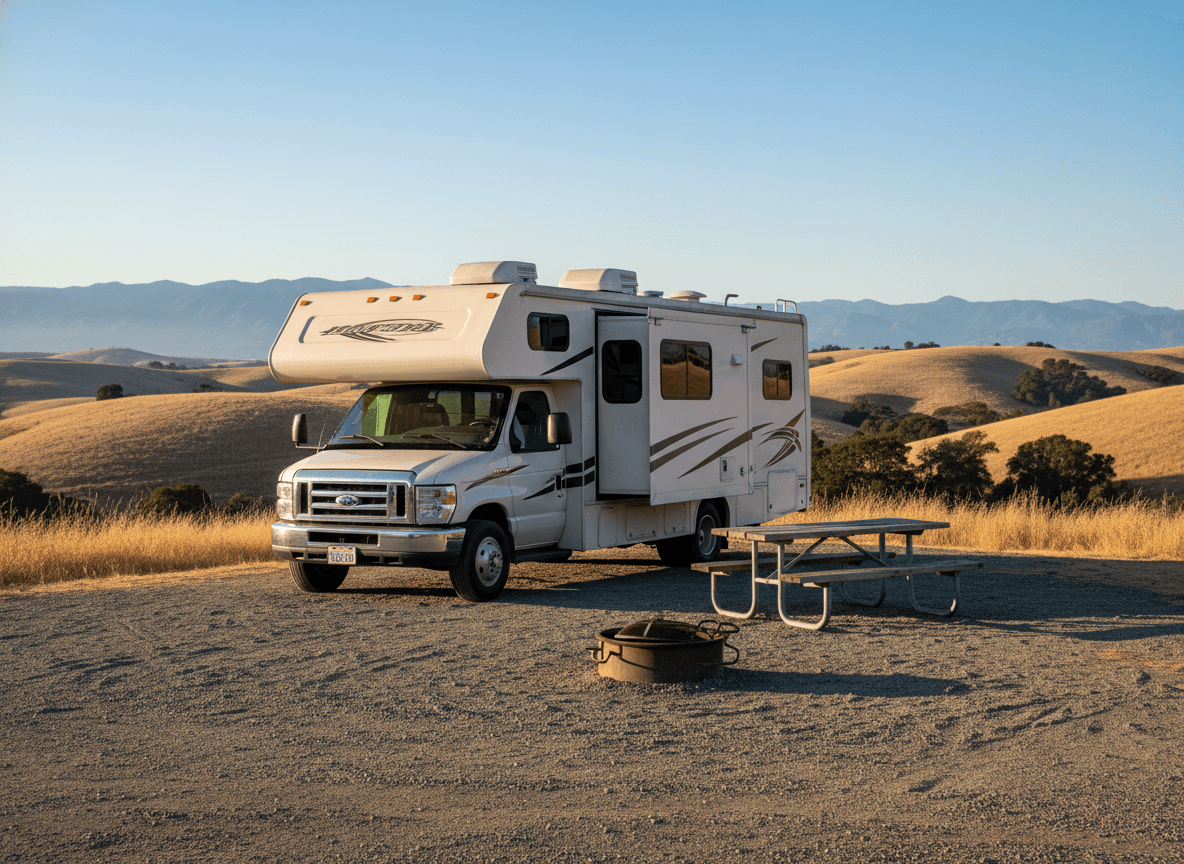 A Class C RV at a campground near Petaluma, California in the dry golden hills and distant mountains of California