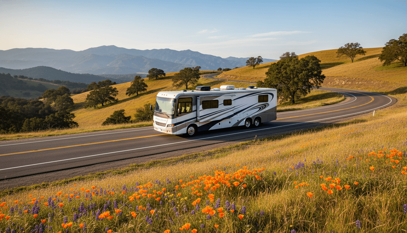 A motorhome traveling through the dry golden hills and distant mountains of California near Petaluma, California in peak season