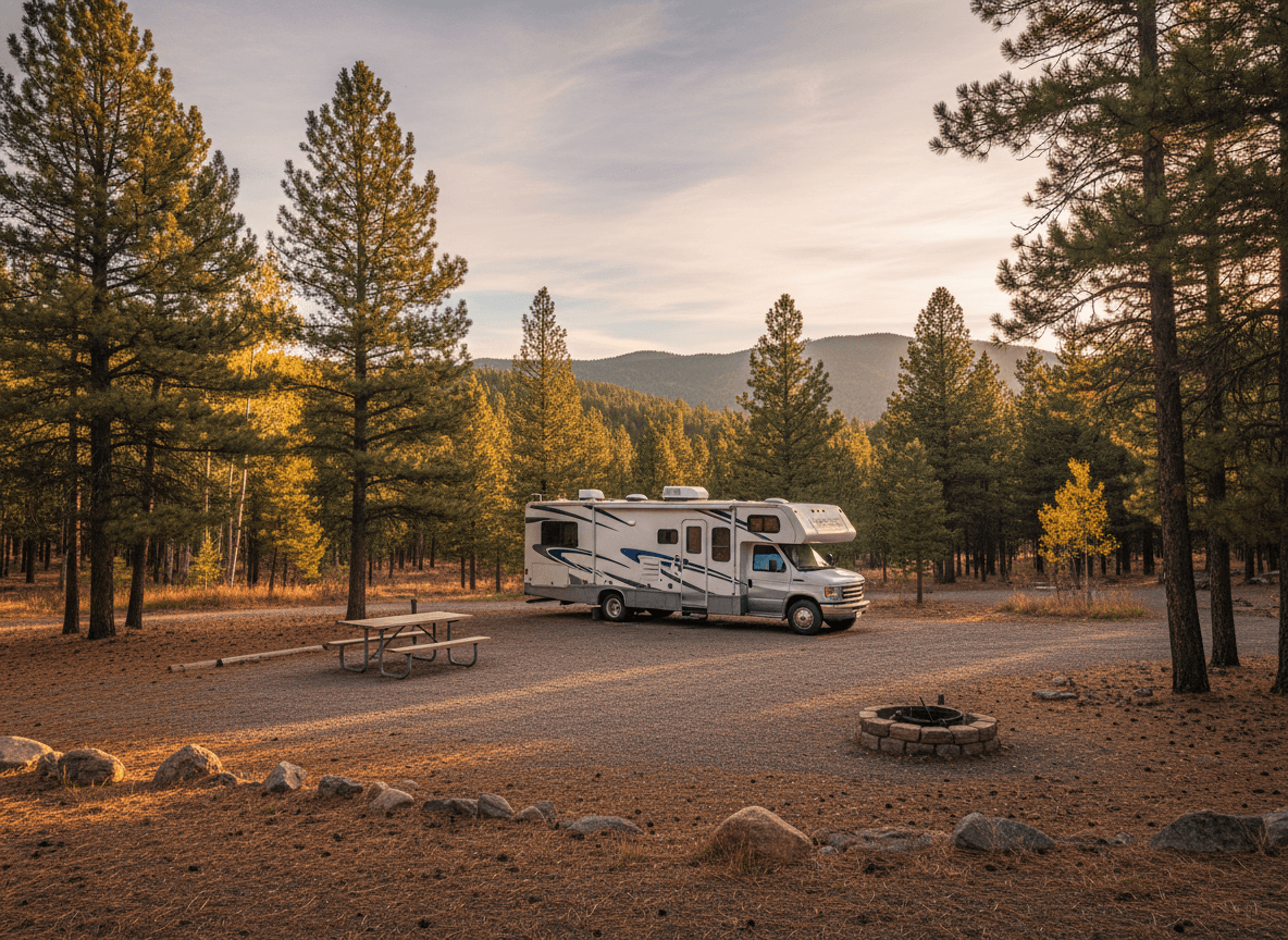 A Class C RV at a campground near Peyton, Colorado in the Rocky Mountain foothills and pine forest of Colorado