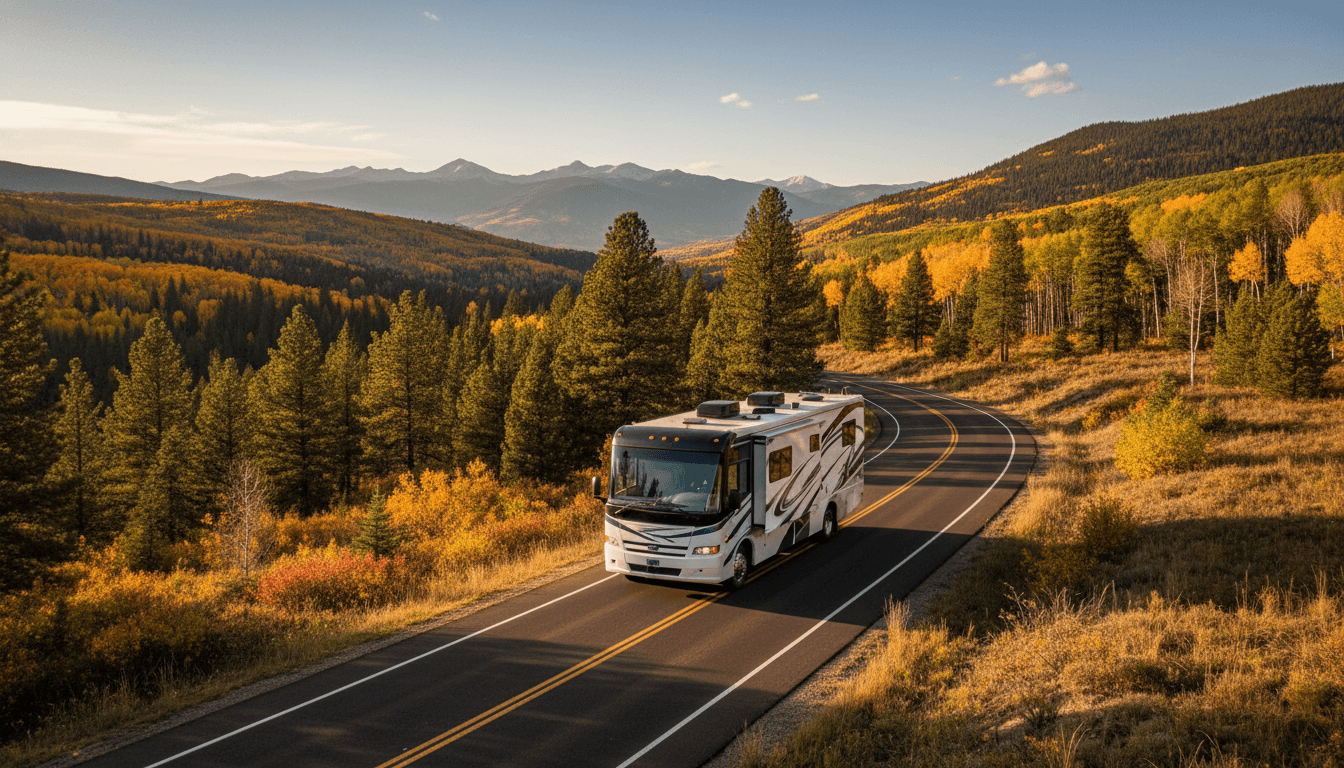 A motorhome traveling through the Rocky Mountain foothills and pine forest of Colorado near Peyton, Colorado in peak season