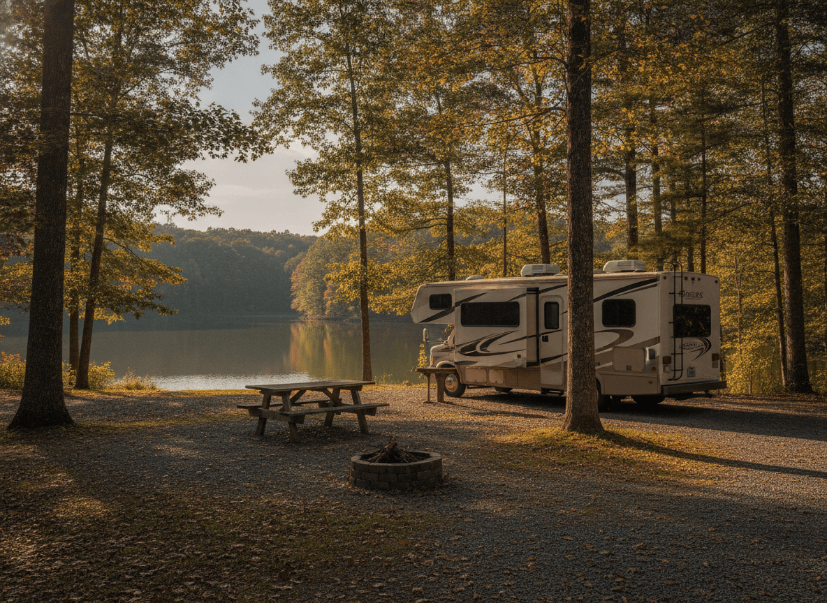 A Class C RV at a campground near Pikeville, Tennessee in the wooded ridges and lakes of East Tennessee