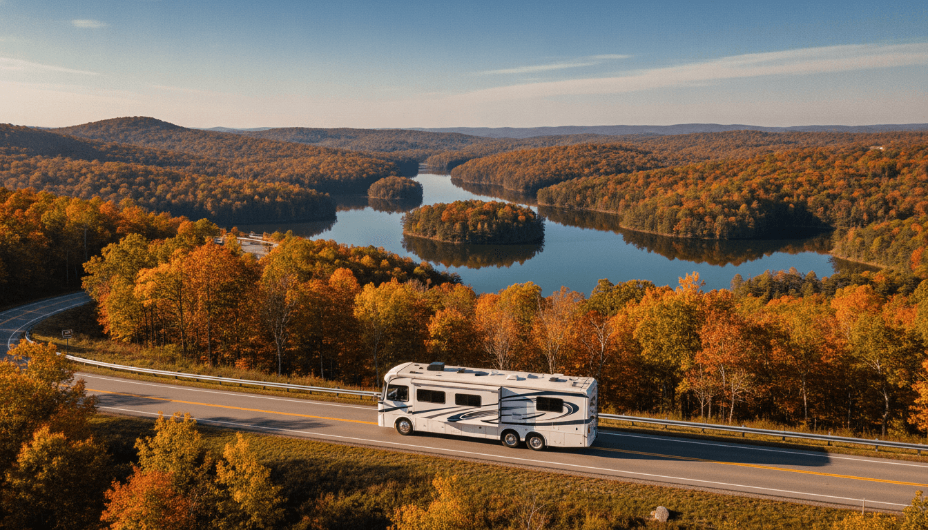 A motorhome traveling through the wooded ridges and lakes of East Tennessee near Pikeville, Tennessee in peak season