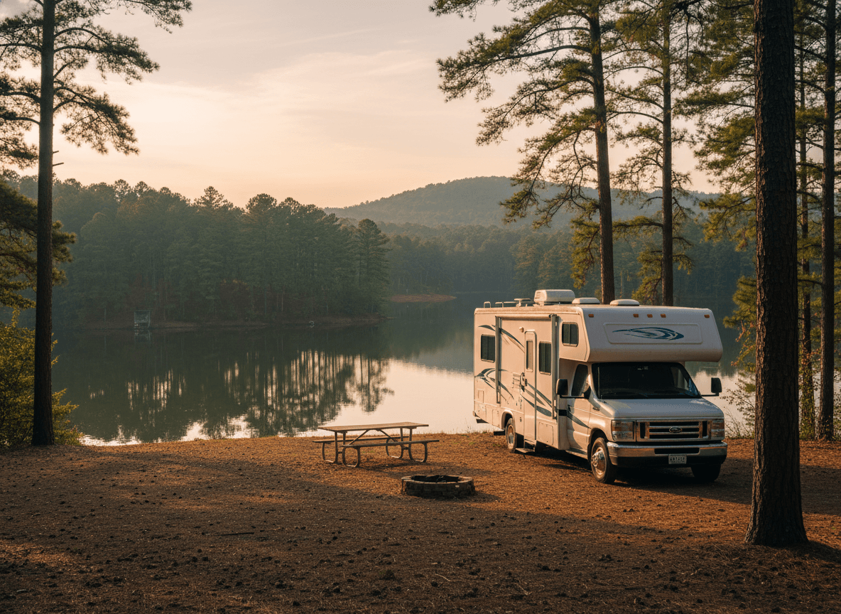 A Class C RV at a campground near Pittsboro, North Carolina in the rolling pine woods and lakes of the North Carolina Piedmont