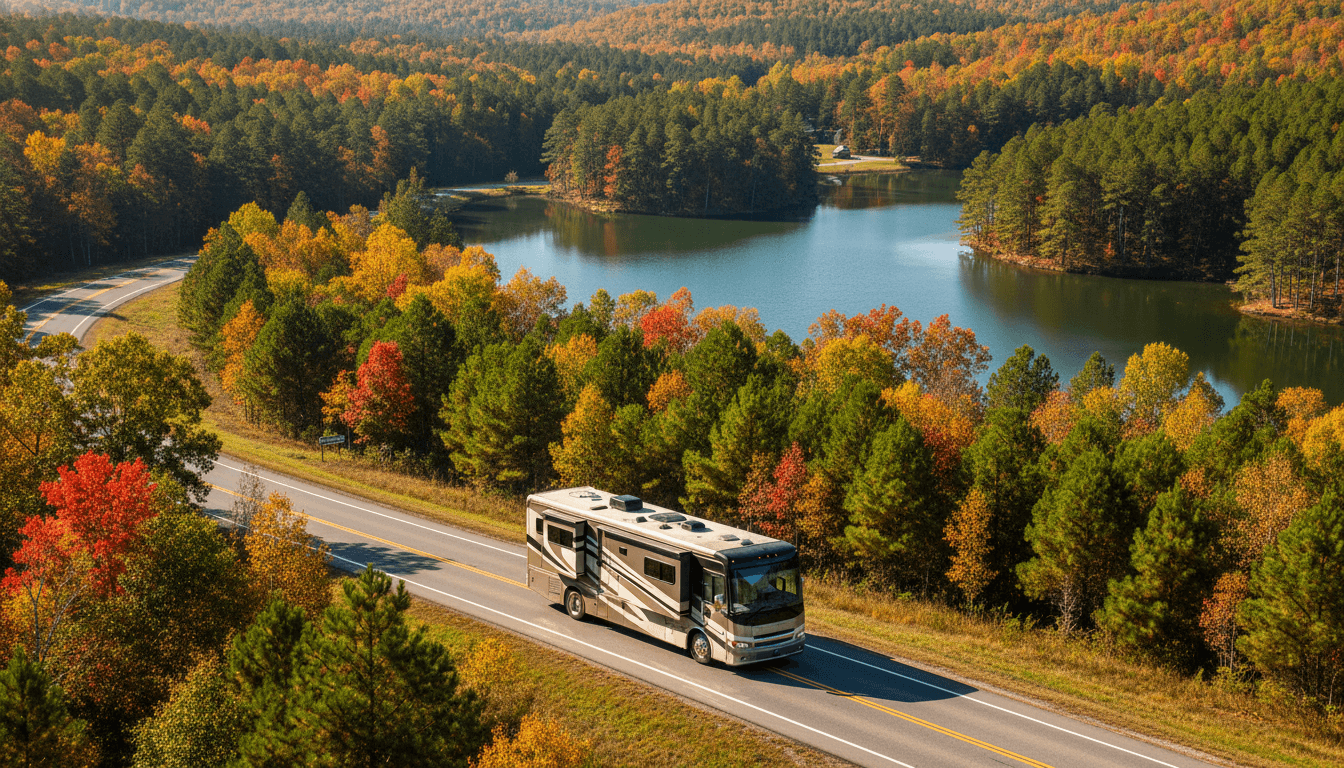 A motorhome traveling through the rolling pine woods and lakes of the North Carolina Piedmont near Pittsboro, North Carolina in peak season
