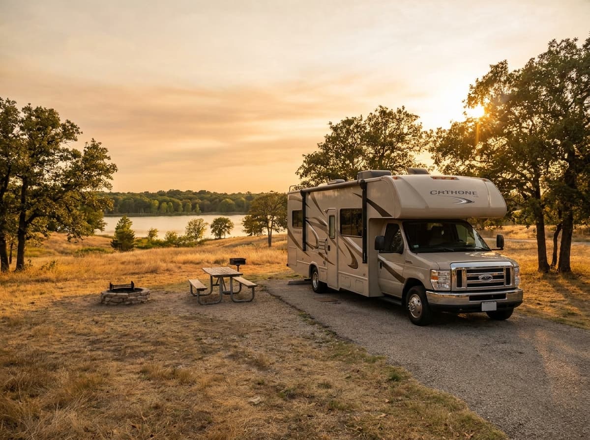 A Class C RV at a campground near Plano, Texas in the rolling prairie, oak groves and lakes of Texas