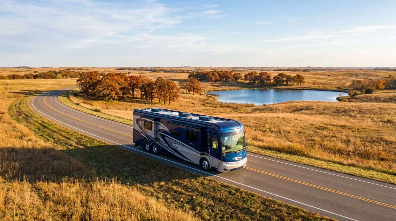 A motorhome traveling through the rolling prairie, oak groves and lakes of Texas near Plano, Texas in peak season