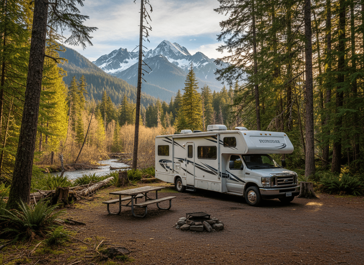 A Class C RV at a campground near Port Angeles, Washington in the evergreen forests and snow-capped peaks of the Pacific Northwest