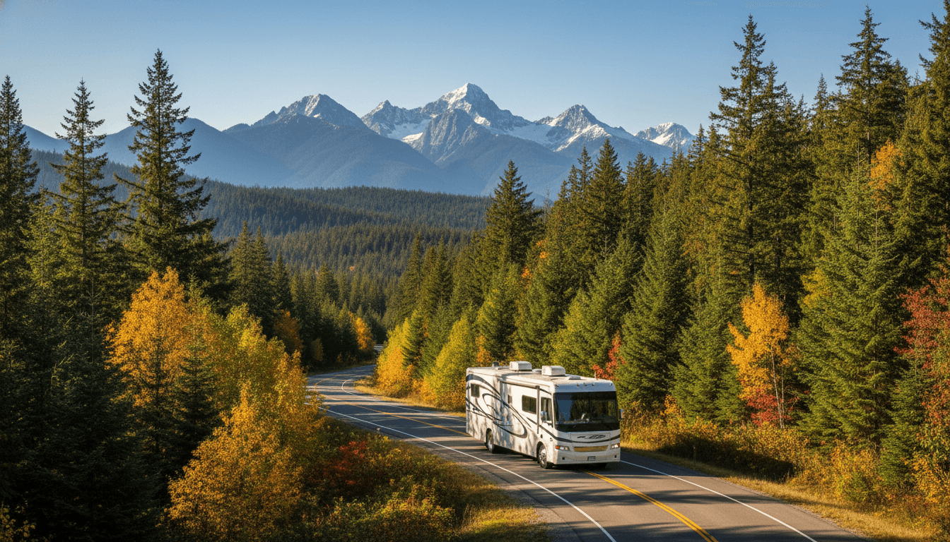 A motorhome traveling through the evergreen forests and snow-capped peaks of the Pacific Northwest near Port Angeles, Washington in peak season