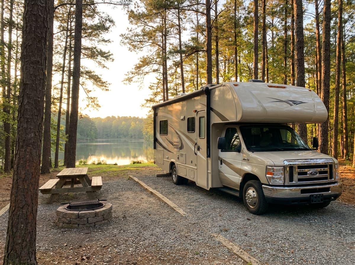A Class C RV at a campground near Raleigh, North Carolina in the rolling pine woods and lakes of the North Carolina Piedmont