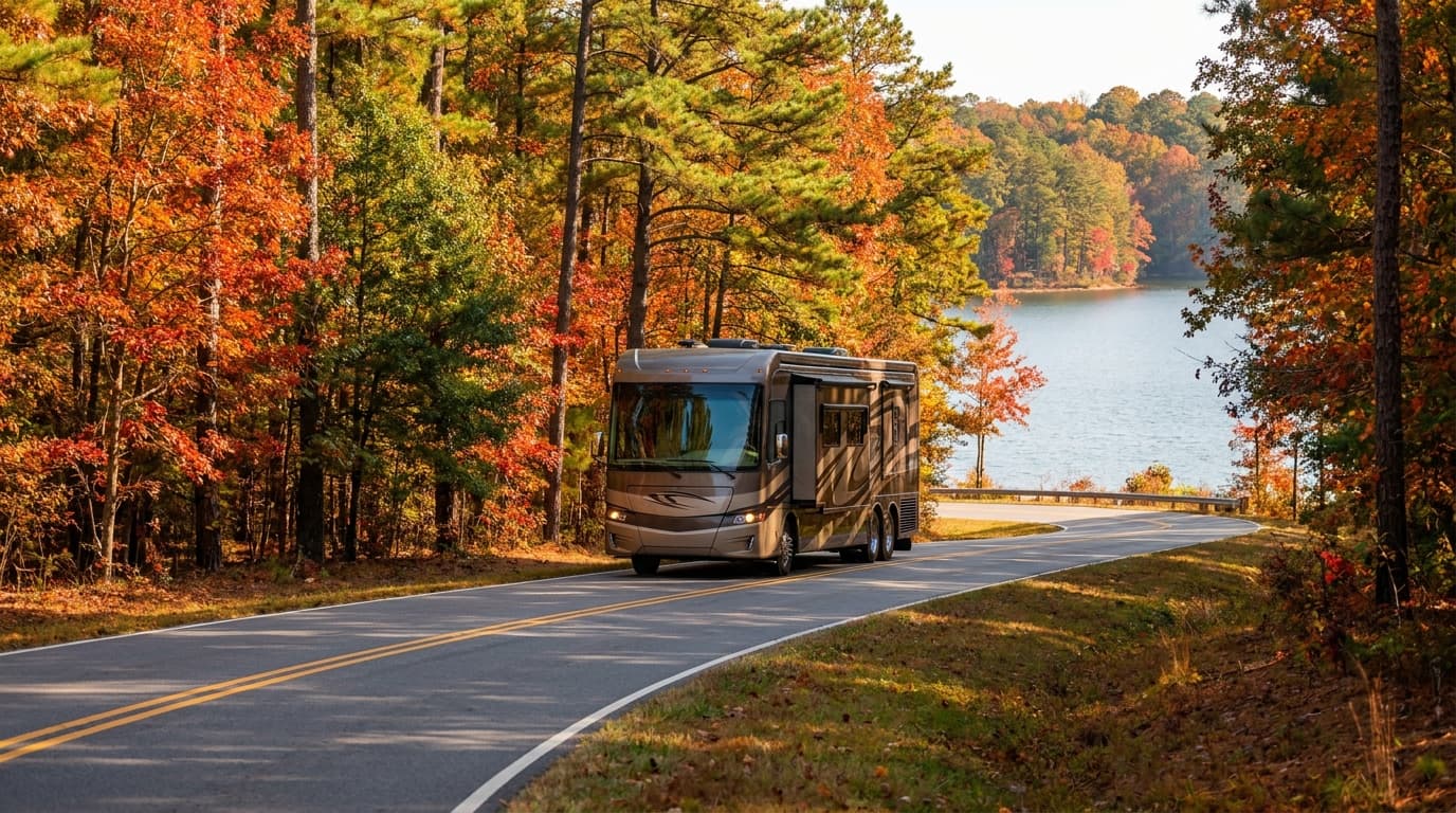 A motorhome traveling through the rolling pine woods and lakes of the North Carolina Piedmont near Raleigh, North Carolina in peak season