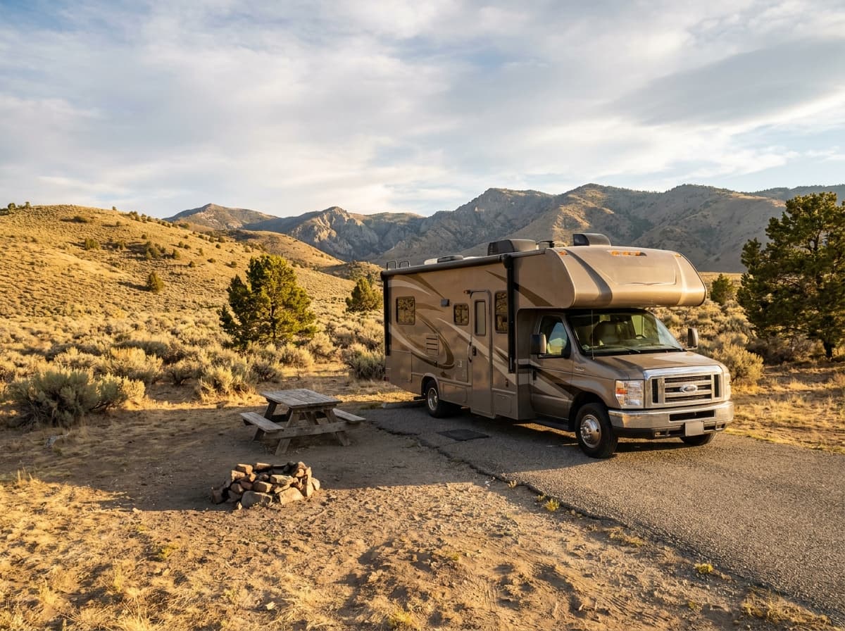 A Class C RV at a campground near Reno, Nevada in the high desert and Sierra Nevada foothills of Nevada